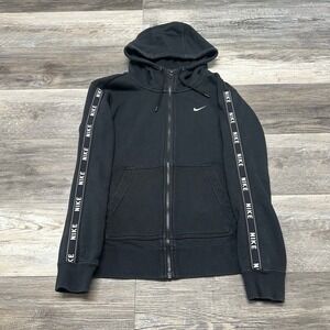 Nike Black White Womens XS Full Zip Sleeve Tape Spellout Mini Swoosh‎ Hoodie